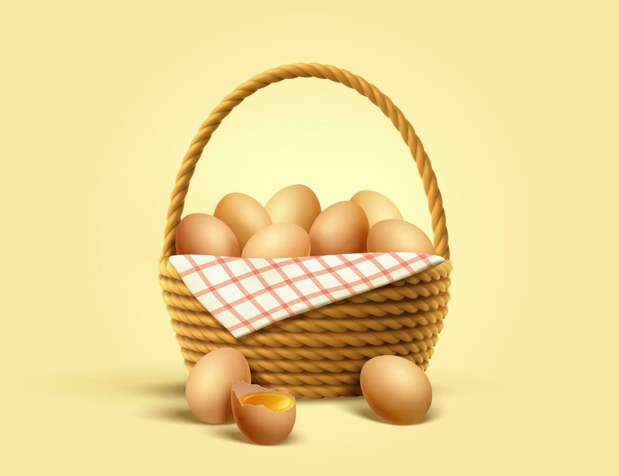 3D illustration of a basket full of fresh brown eggs. Farm food elements isolated on beige background. vector