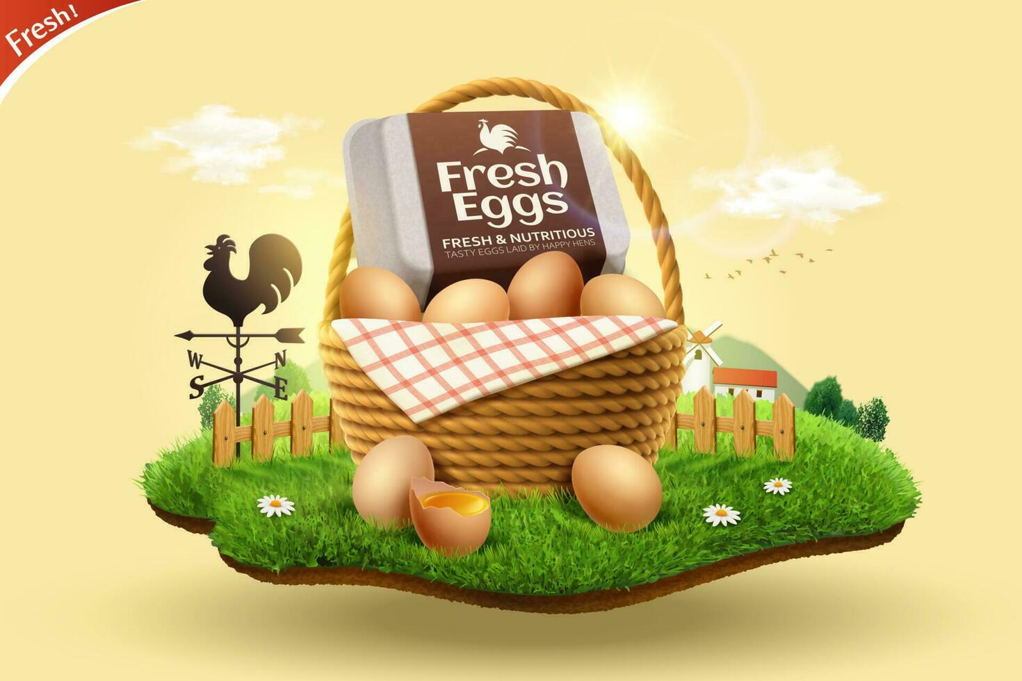 3d fresh eggs advertisement for farm product display. A basket of organic brown eggs set on miniature grassy farm land. vector
