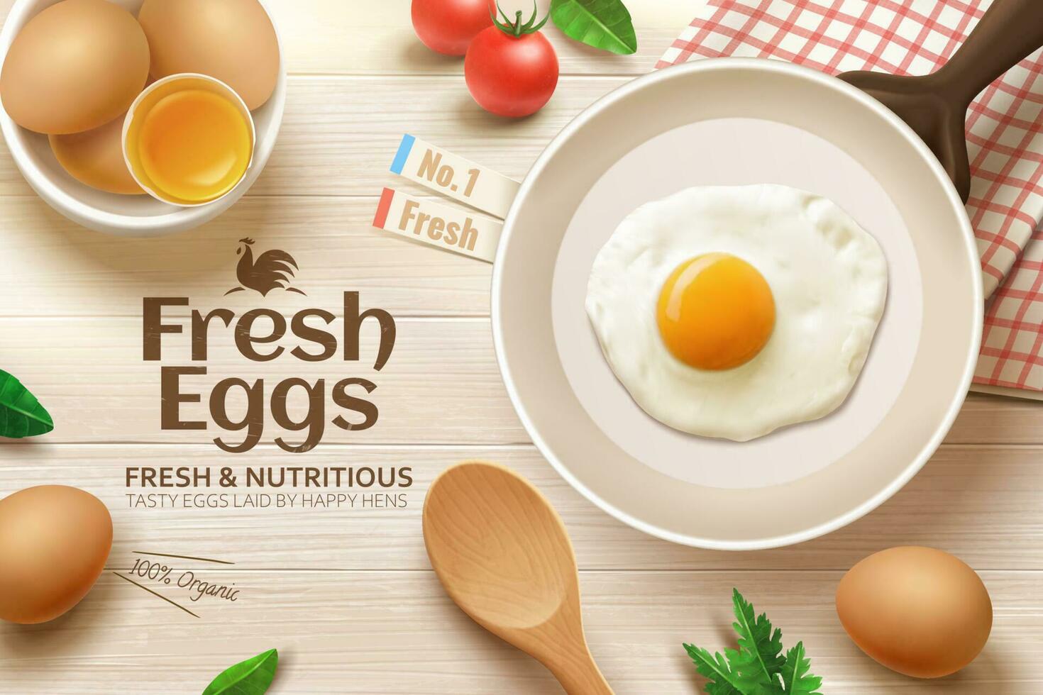 3d ad of fresh and nutritious brown eggs. Top view of frying pan and raw eggs on kitchen wooden table. Concept of frying an egg for healthy breakfast. vector