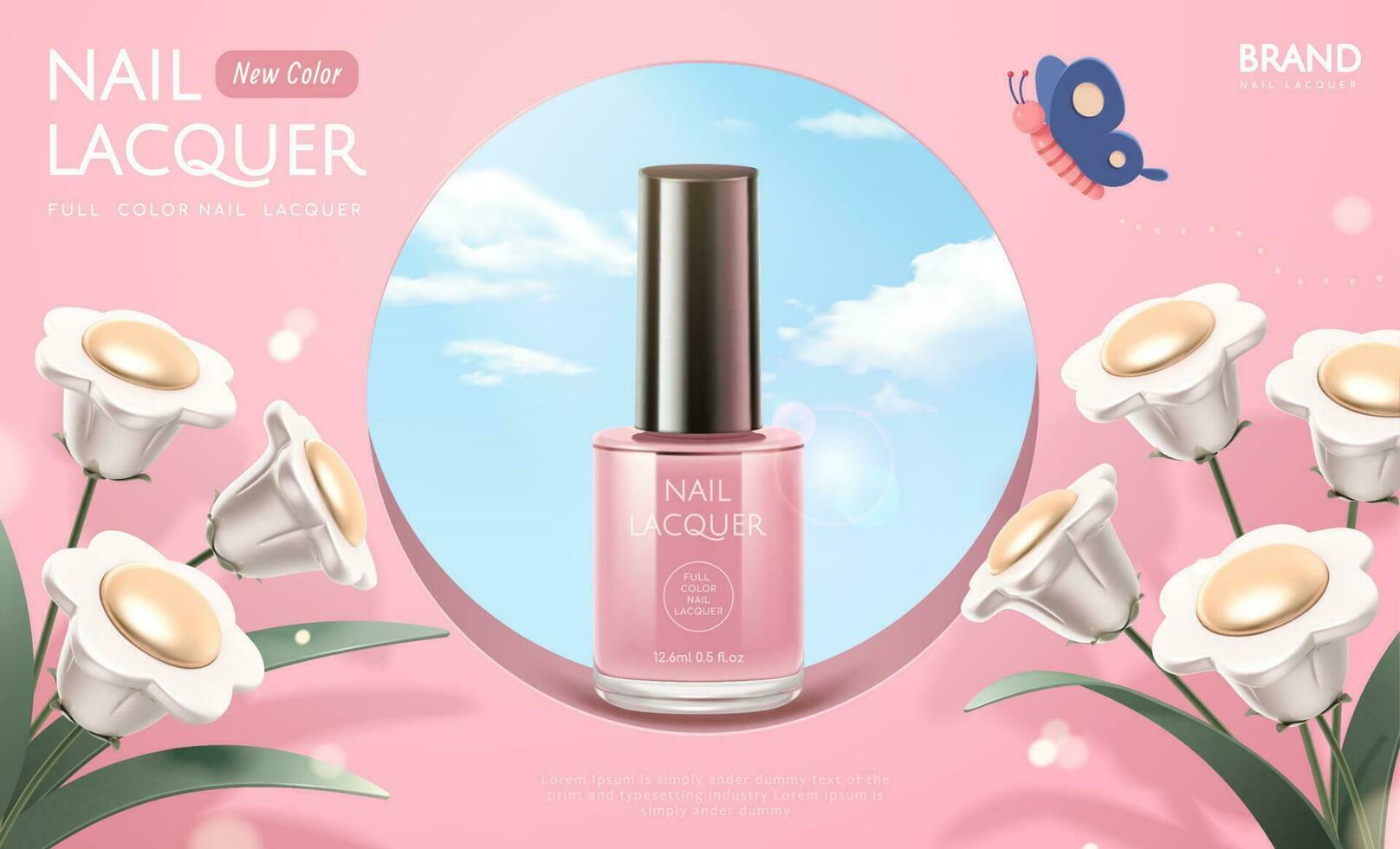 Pink nail lacquer ads on hollow round window with white 3d flowers decorations vector