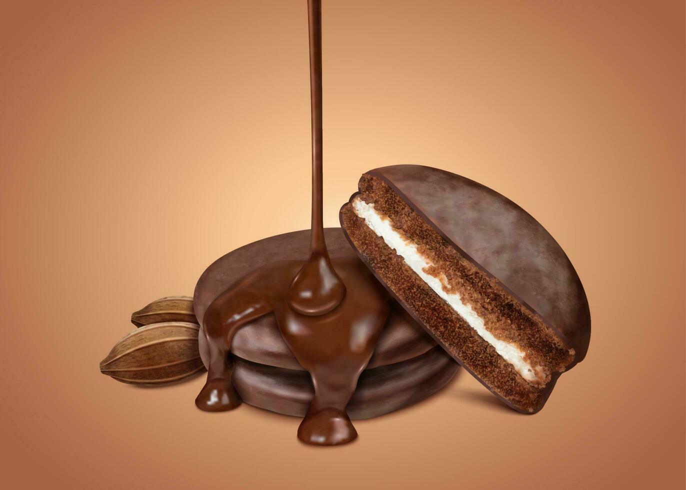 Choco pie with dripping chocolate syrup and cocoa nut in 3d illustration isolated on brown background vector