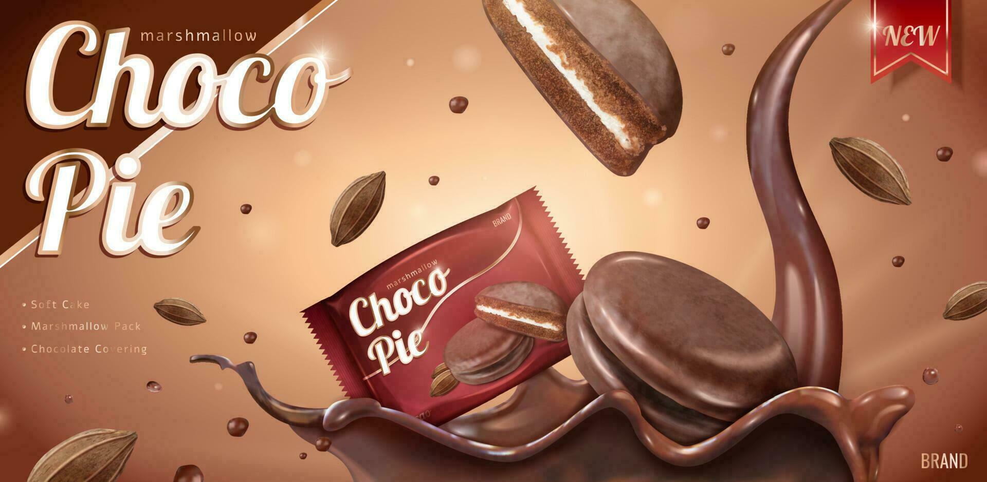 Choco pie ads with splashing chocolate syrup and foil package template in 3d illustration on glitter brown background vector