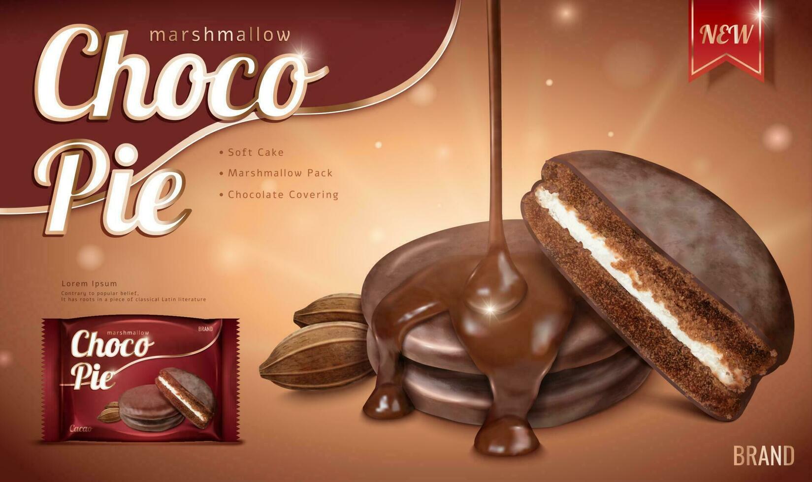 choco tarta anuncios con goteo chocolate jarabe y frustrar paquete modelo en 3d ilustración en Brillantina marrón antecedentes vector