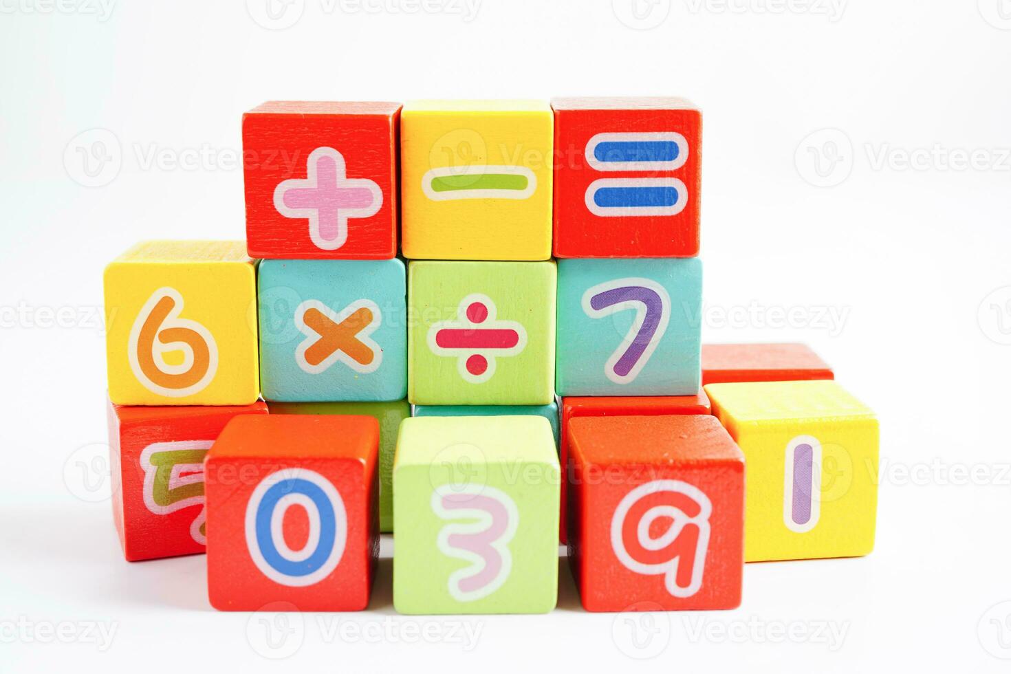 Number wood block cubes for learning Mathematic, education math concept. photo