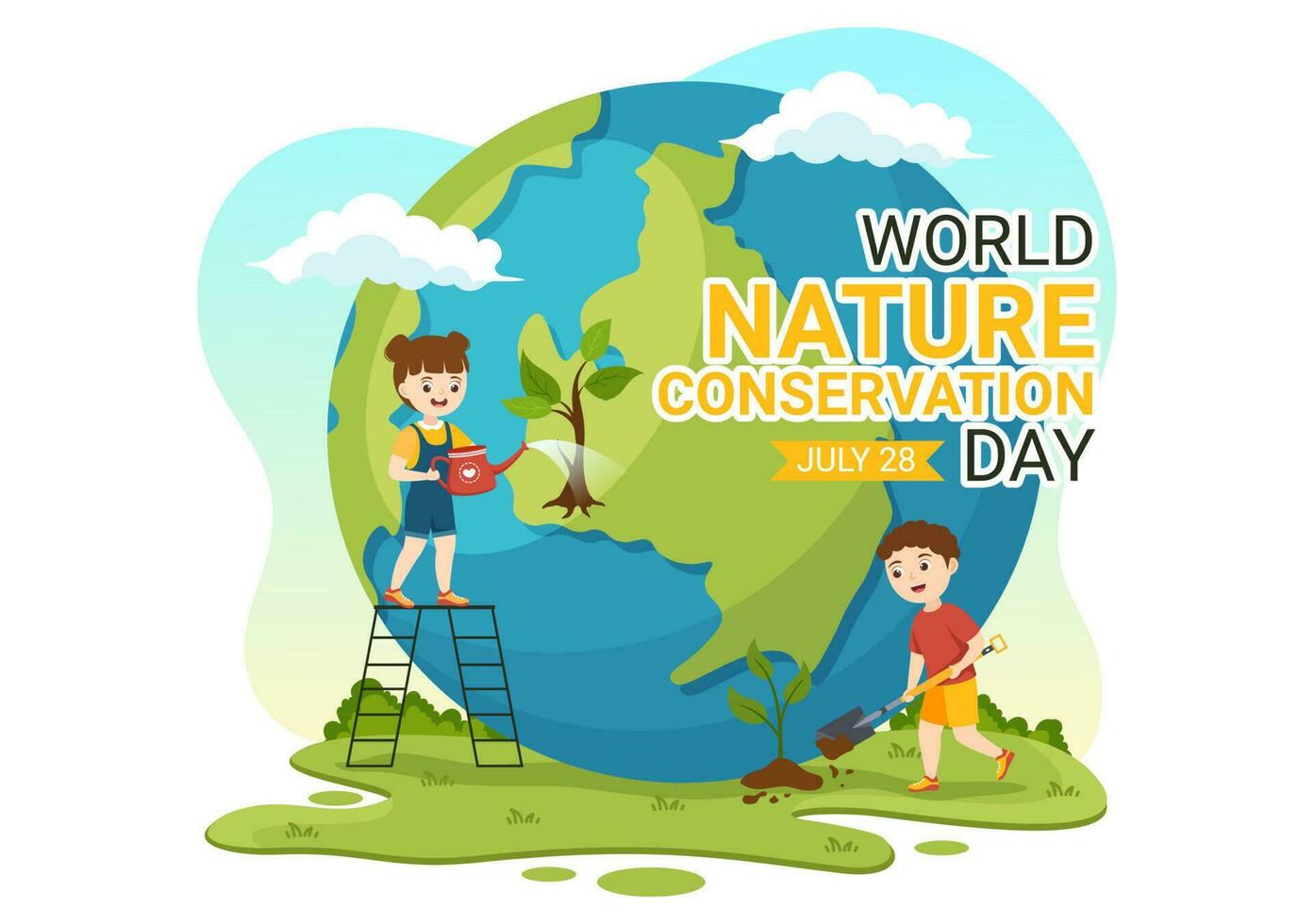 World Nature Conservation Day Vector Illustration with Kids, World Map, Tree and Eco Friendly Ecology in Cartoon Hand Drawn Landing Page Templates