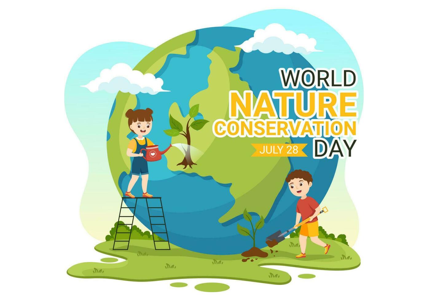 mundo naturaleza conservación día vector ilustración con niños, mundo mapa, árbol y eco simpático ecología en dibujos animados mano dibujado aterrizaje página plantillas