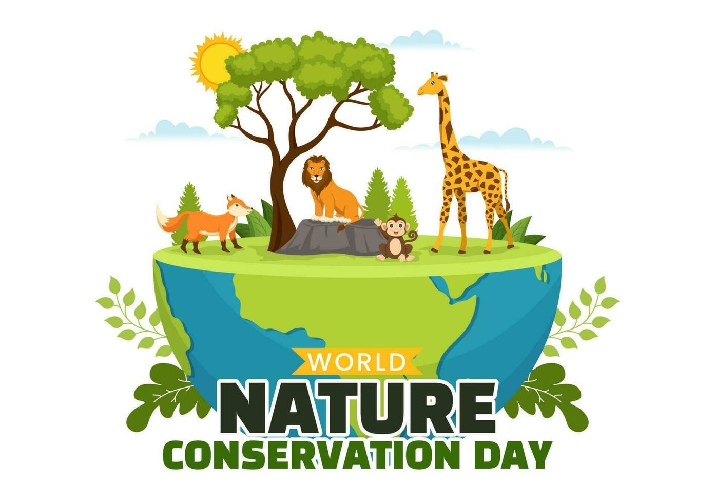 World Nature Conservation Day Vector Illustration with World Map, Tree and Eco Friendly Ecology in Flat Cartoon Hand Drawn Landing Page Templates