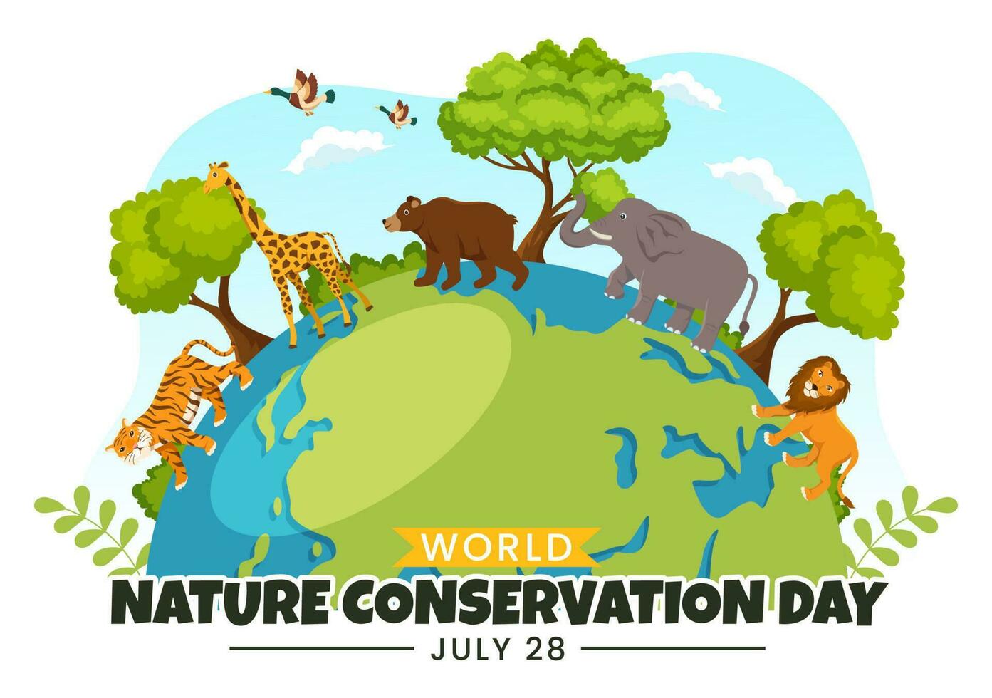 World Nature Conservation Day Vector Illustration with World Map, Tree and Eco Friendly Ecology in Flat Cartoon Hand Drawn Landing Page Templates
