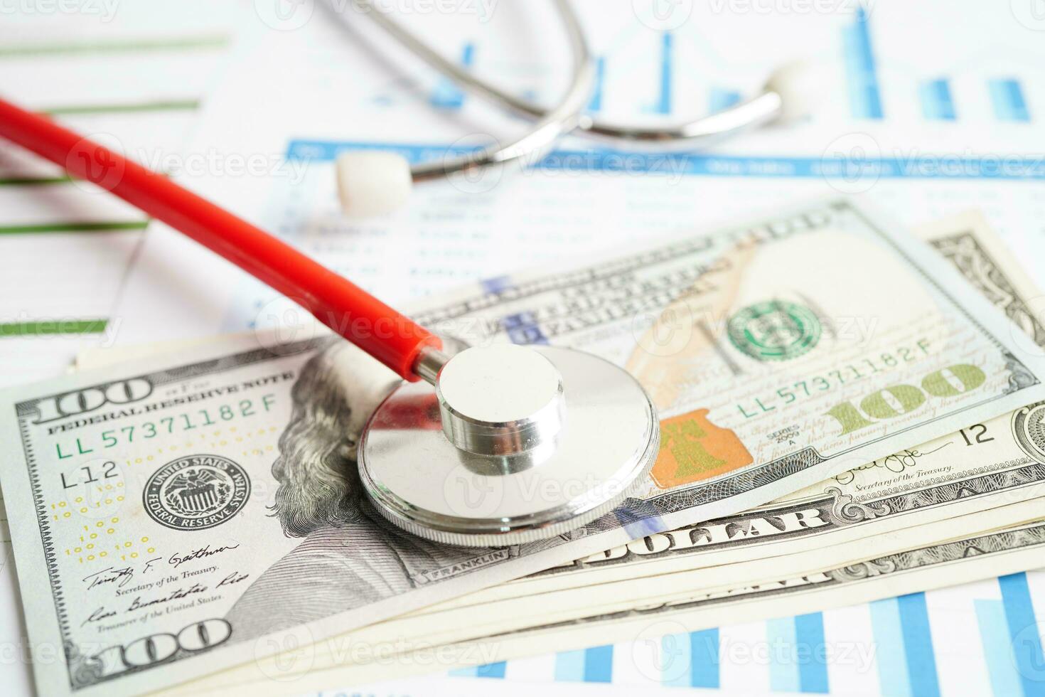 Stethoscope and US dollar banknotes on chart or graph paper, Financial, account, statistics and business data  medical health concept. photo