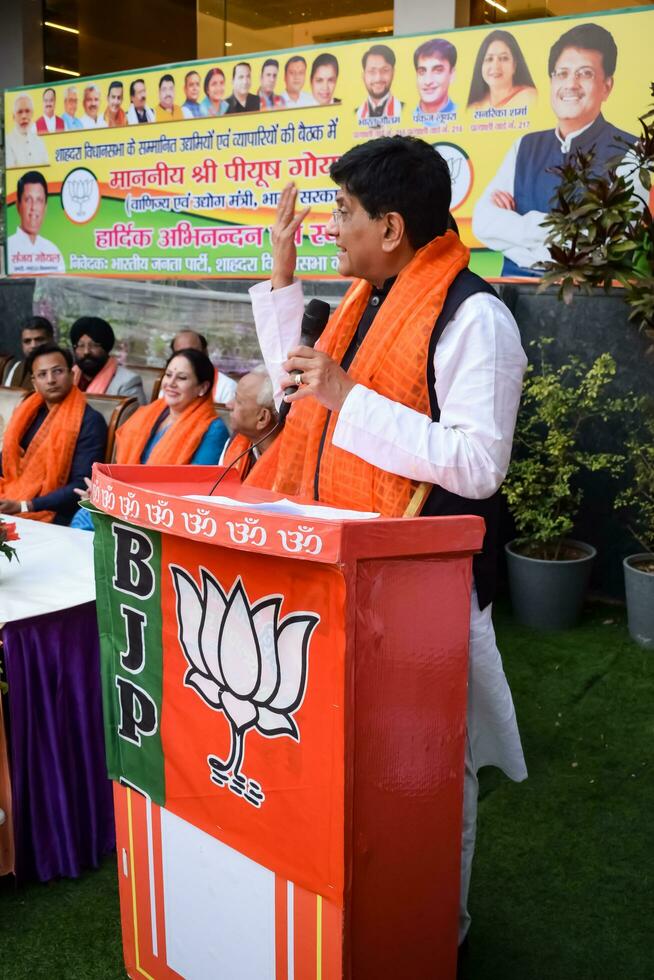 New Delhi, India - March 27 2023 - Piyush Goyal Cabinet Minister and core member of Bharatiya Janata Party - BJP during a rally in support of BJP candidate ahead of MCD local body Elections 2022 photo