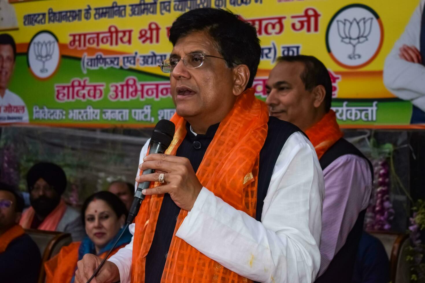 New Delhi, India - March 27 2023 - Piyush Goyal Cabinet Minister and core member of Bharatiya Janata Party - BJP during a rally in support of BJP candidate ahead of MCD local body Elections 2022 photo