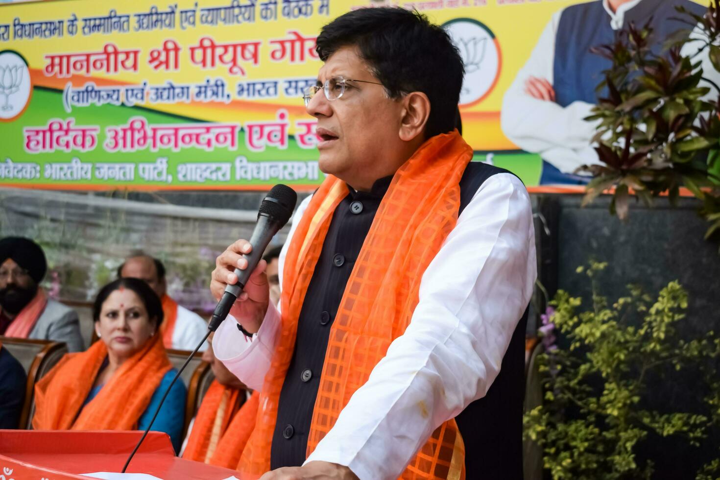 New Delhi, India - March 27 2023 - Piyush Goyal Cabinet Minister and core member of Bharatiya Janata Party - BJP during a rally in support of BJP candidate ahead of MCD local body Elections 2022 photo