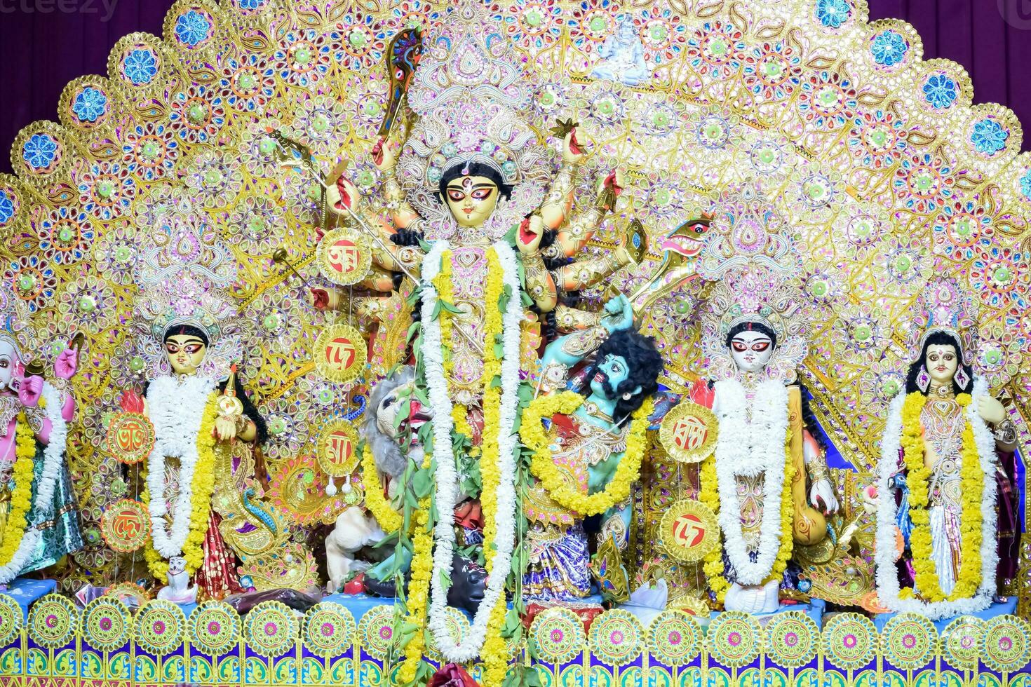 Goddess Durga with traditional look in close up view at a South Kolkata Durga Puja, Durga Puja Idol, A biggest Hindu Navratri festival in India photo