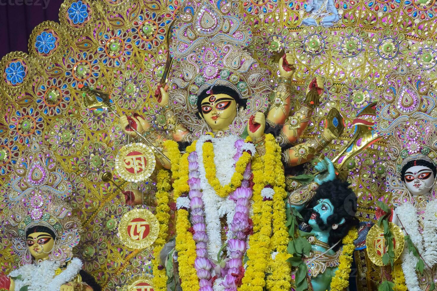 Goddess Durga with traditional look in close up view at a South Kolkata Durga Puja, Durga Puja Idol, A biggest Hindu Navratri festival in India photo