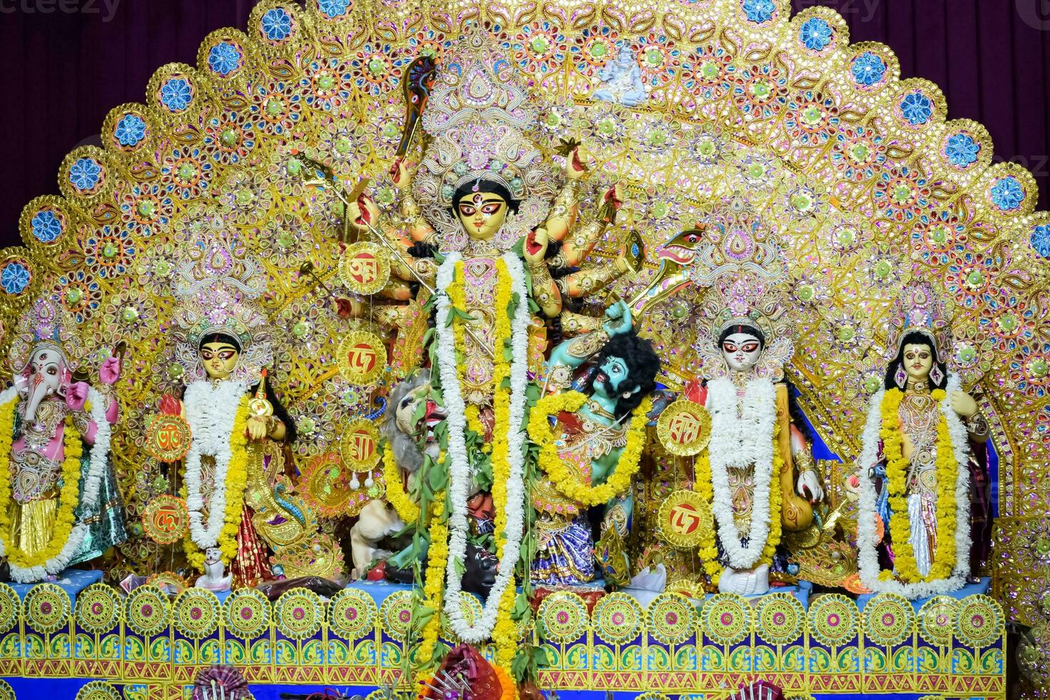 Goddess Durga with traditional look in close up view at a South Kolkata Durga Puja, Durga Puja Idol, A biggest Hindu Navratri festival in India photo