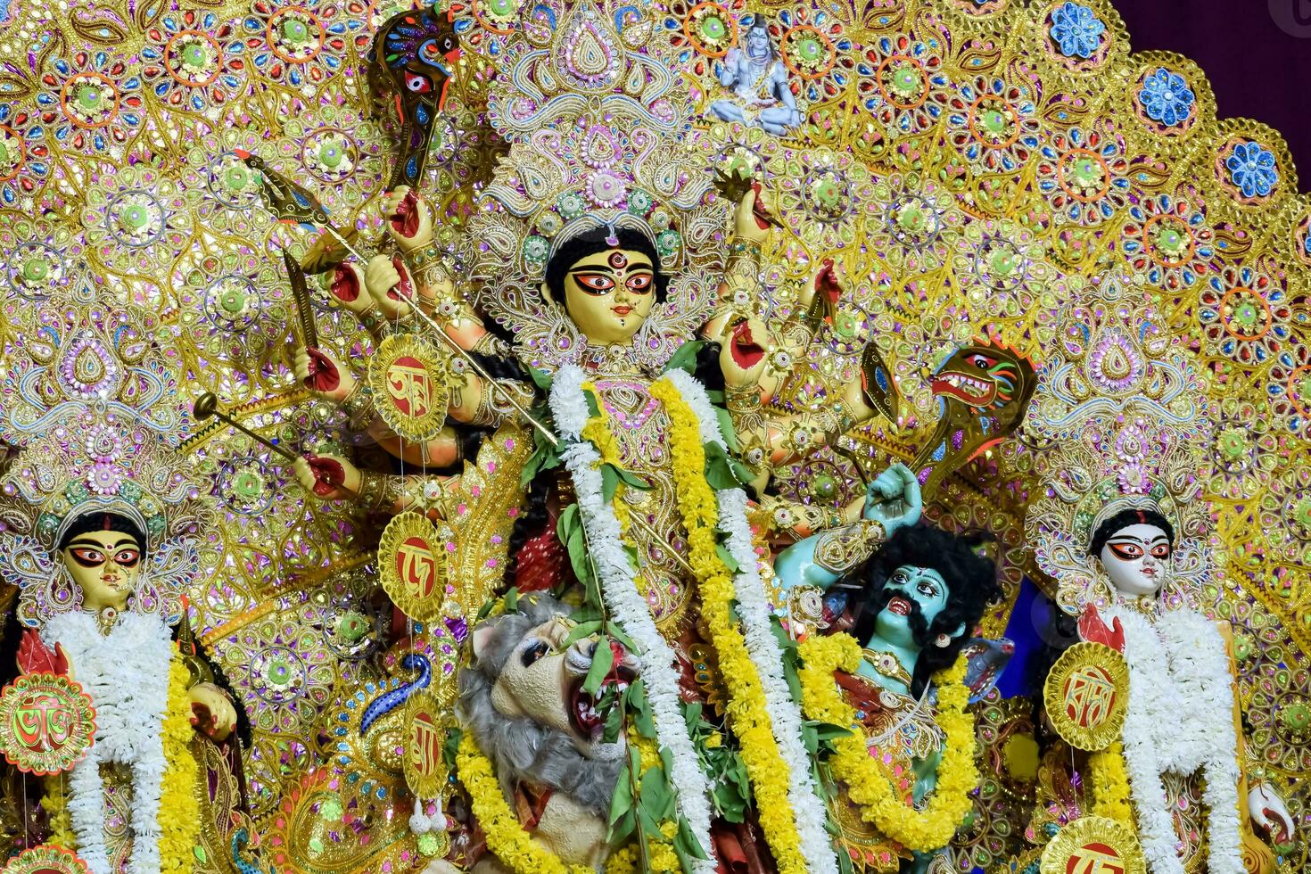 Goddess Durga with traditional look in close up view at a South Kolkata Durga Puja, Durga Puja Idol, A biggest Hindu Navratri festival in India photo