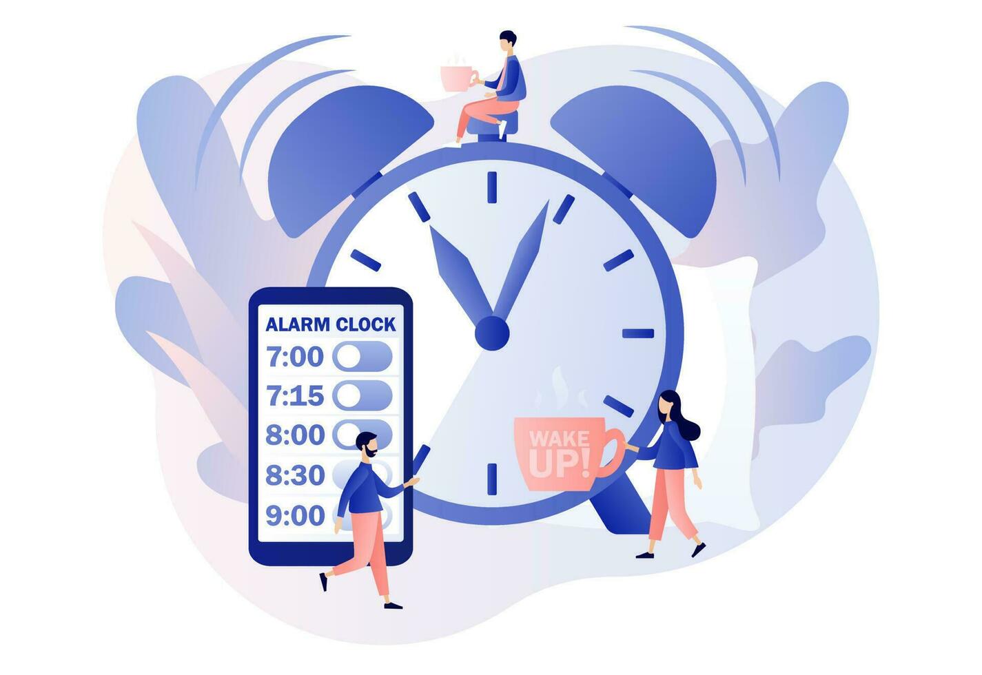 Alarm clock rings. Wake up. Good morning concept. Beginning of new day. Tiny people wake up in morning and follow routine of day. Modern flat cartoon style. Vector illustration on white background