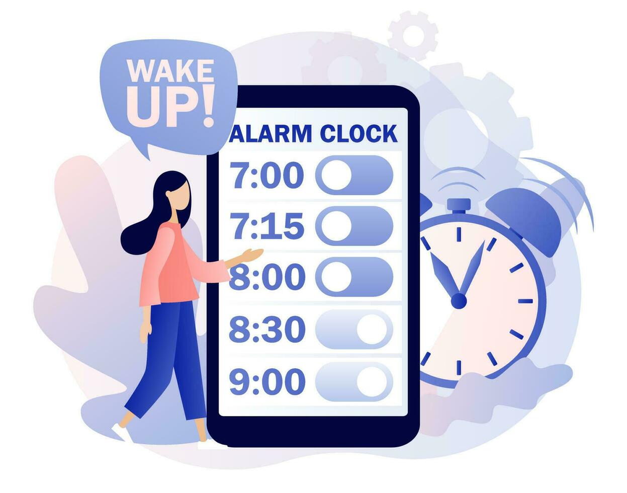 Alarm clock rings. Wake up in morning. Tiny woman sets the alarm clock in smartphone app. Good morning concept. Beginning of new day. Modern flat cartoon style. Vector illustration on white background