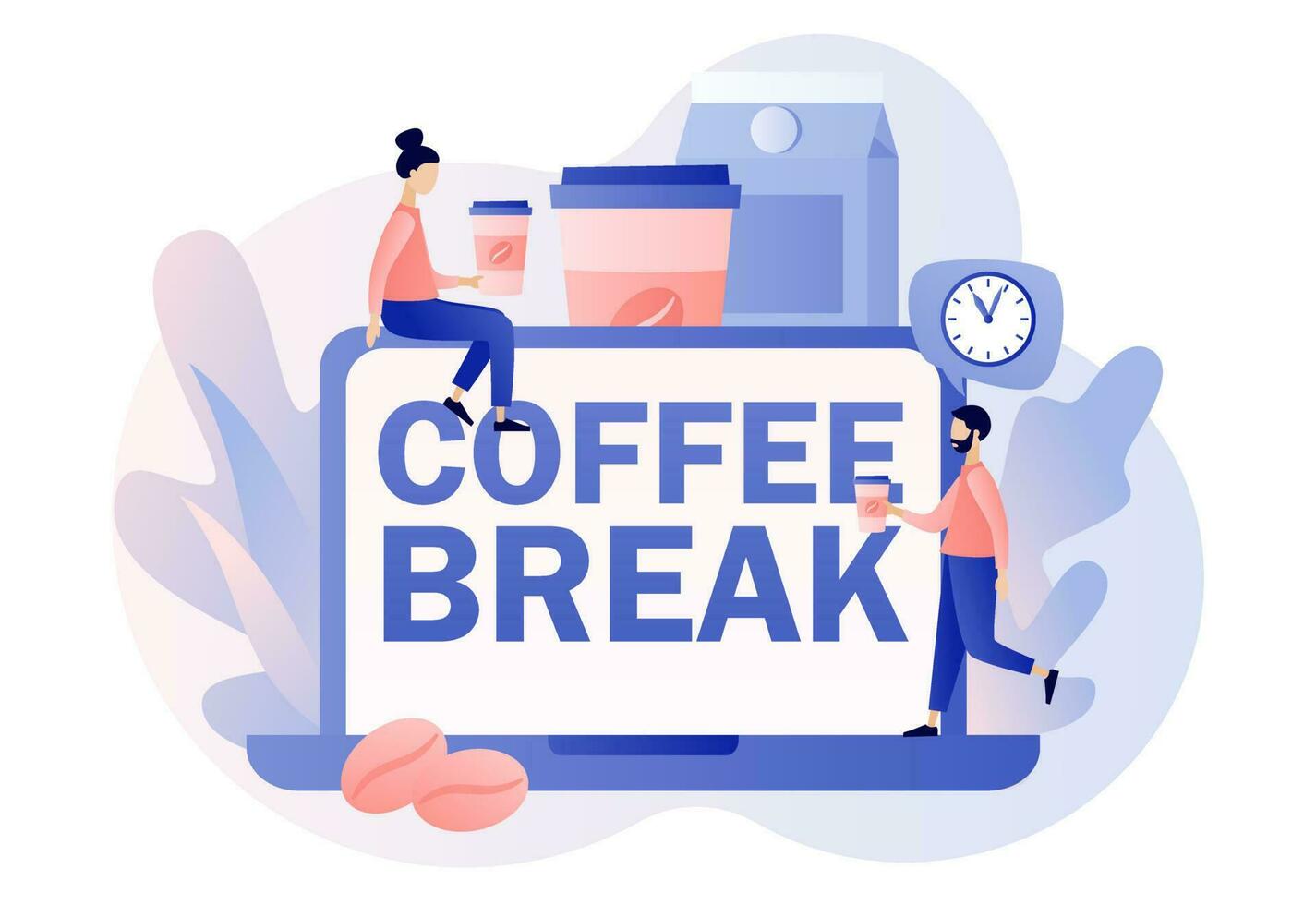 Coffee break - text on laptop screen. Tiny people businessmen relaxing, talking and drinking coffee. Lunch time in office concept. Modern flat cartoon style. Vector illustration on white background