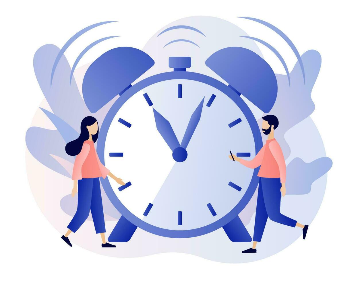 Alarm clock rings. Tiny people wake up in morning. Wake up. Good morning concept. Beginning of new day. Modern flat cartoon style. Vector illustration on white background