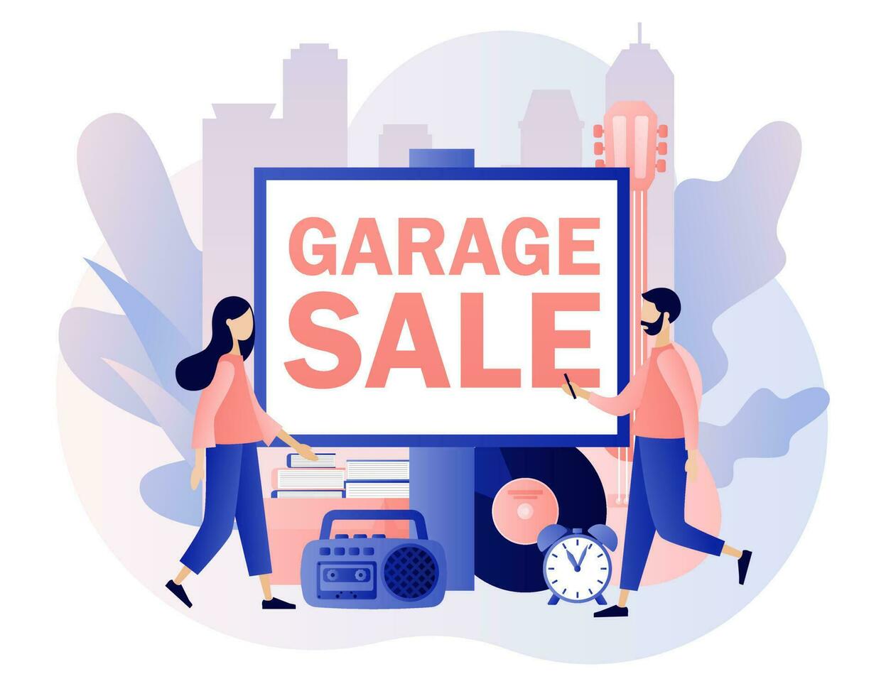 Garage sale - big advertisement banner. Flea market online. Yard sale. Tiny sellers and customers. Vintage goods or rag fair. Bazaar. Modern flat cartoon style. Vector illustration on white background