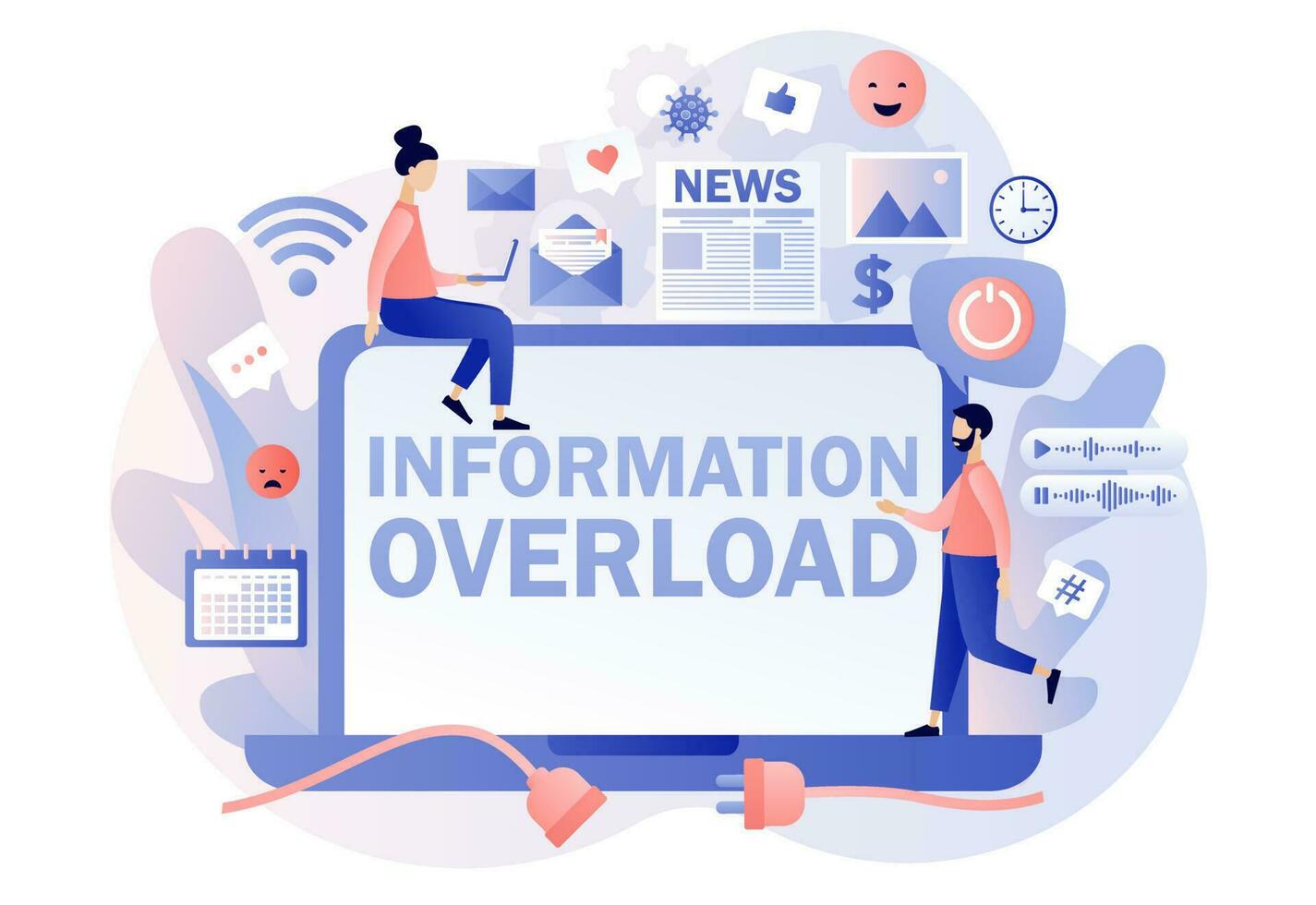 Information overload. Information detox. Tiny people protecting themselves from flow of information and news turning off laptop. Digital detox. Modern flat cartoon style. Vector illustration