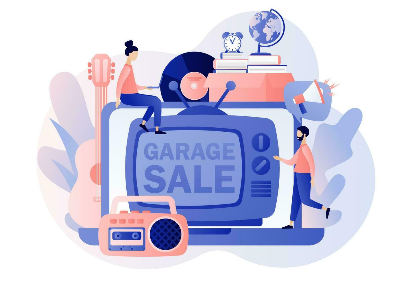 Garage sale - advertisement on laptop screen. Flea market online. Yard sale. Tiny sellers and customers. Vintage goods or rag fair. Bazaar. Modern flat cartoon style. Vector illustration