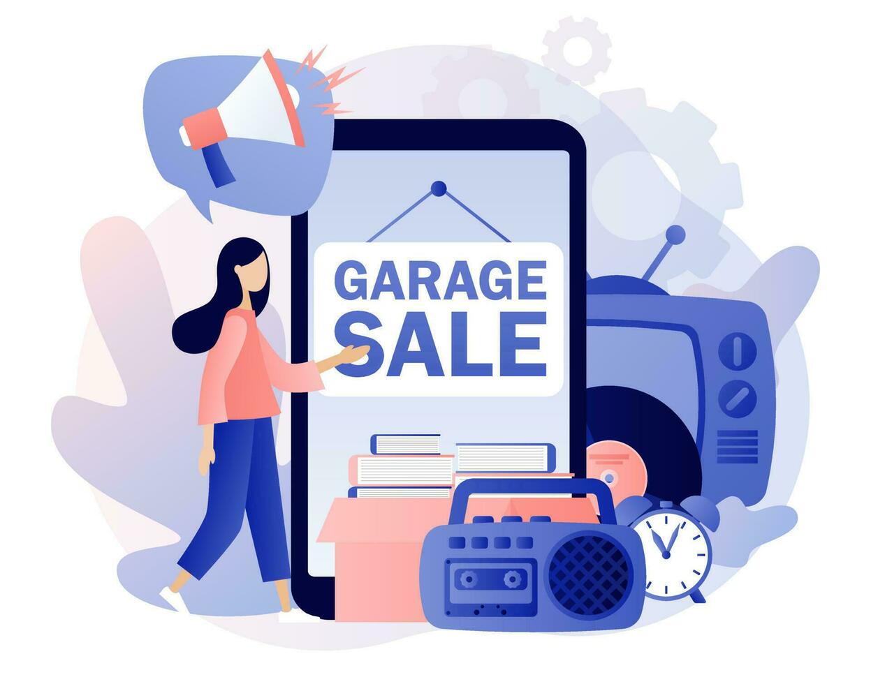Garage sale - advertisement on smartphone screen. Flea market online. Yard sale. Tiny sellers and customers. Vintage goods or rag fair. Bazaar. Modern flat cartoon style. Vector illustration