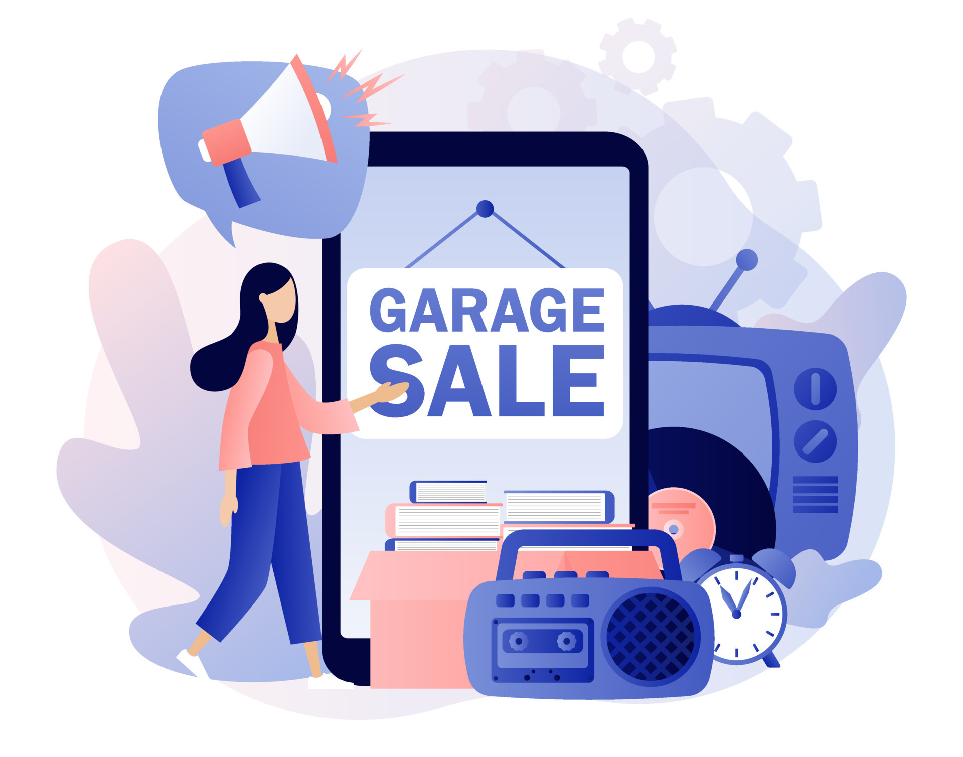 Garage sale advertisement on smartphone screen. Flea market online