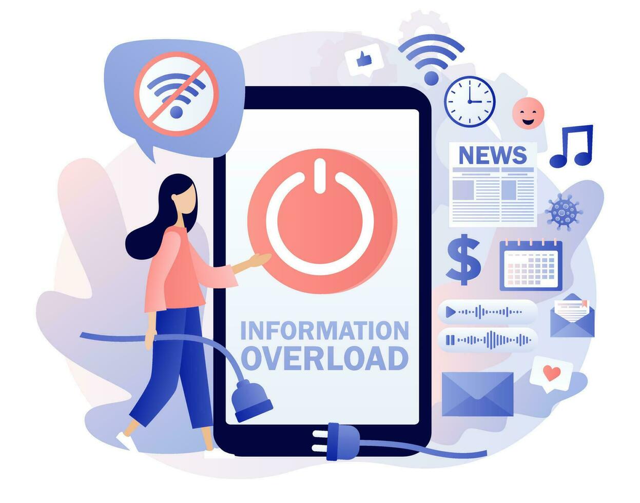 Information detox. Information overload. Tiny girl protecting themselves from flow of information and news turning off smartphone. Digital detox. Modern flat cartoon style. Vector illustration
