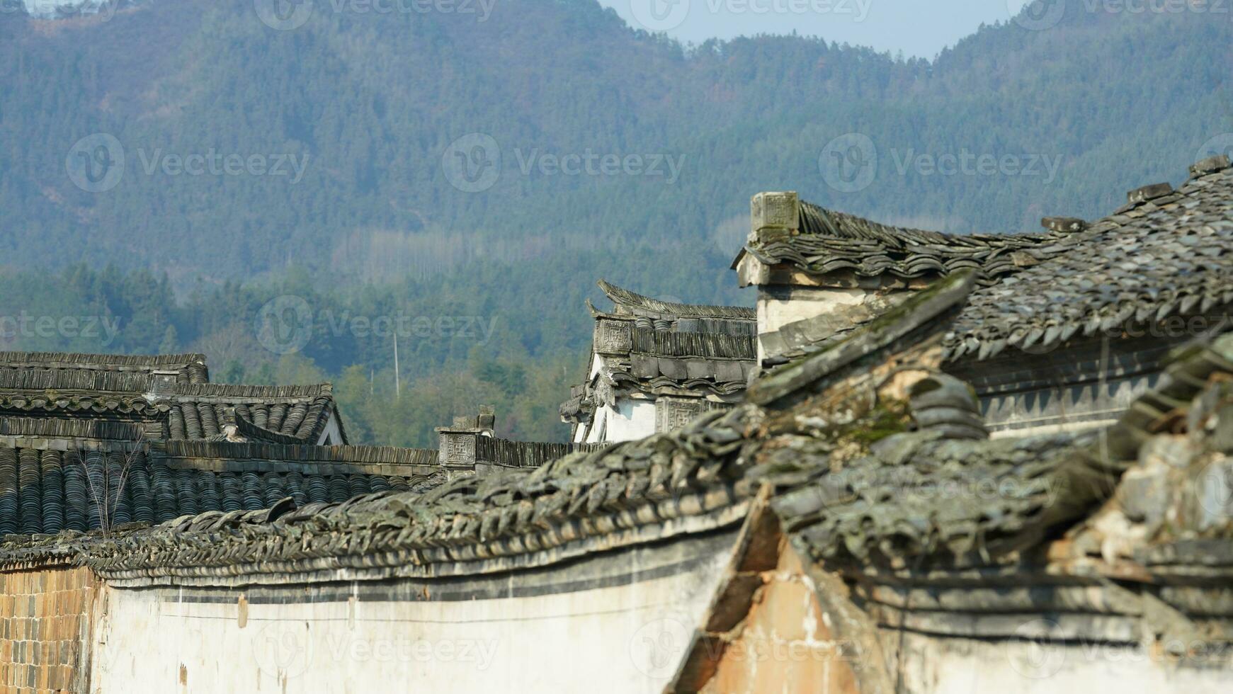 The beautiful traditional Chinese village view with the classical architecture and fresh green trees as background photo