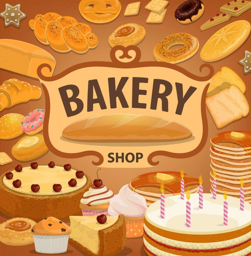 Bread, desserts and pastry, vector bakery shop