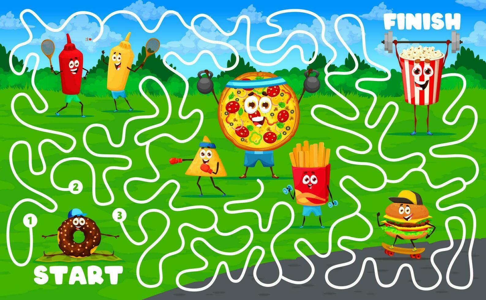 Labyrinth maze game with fast food characters vector