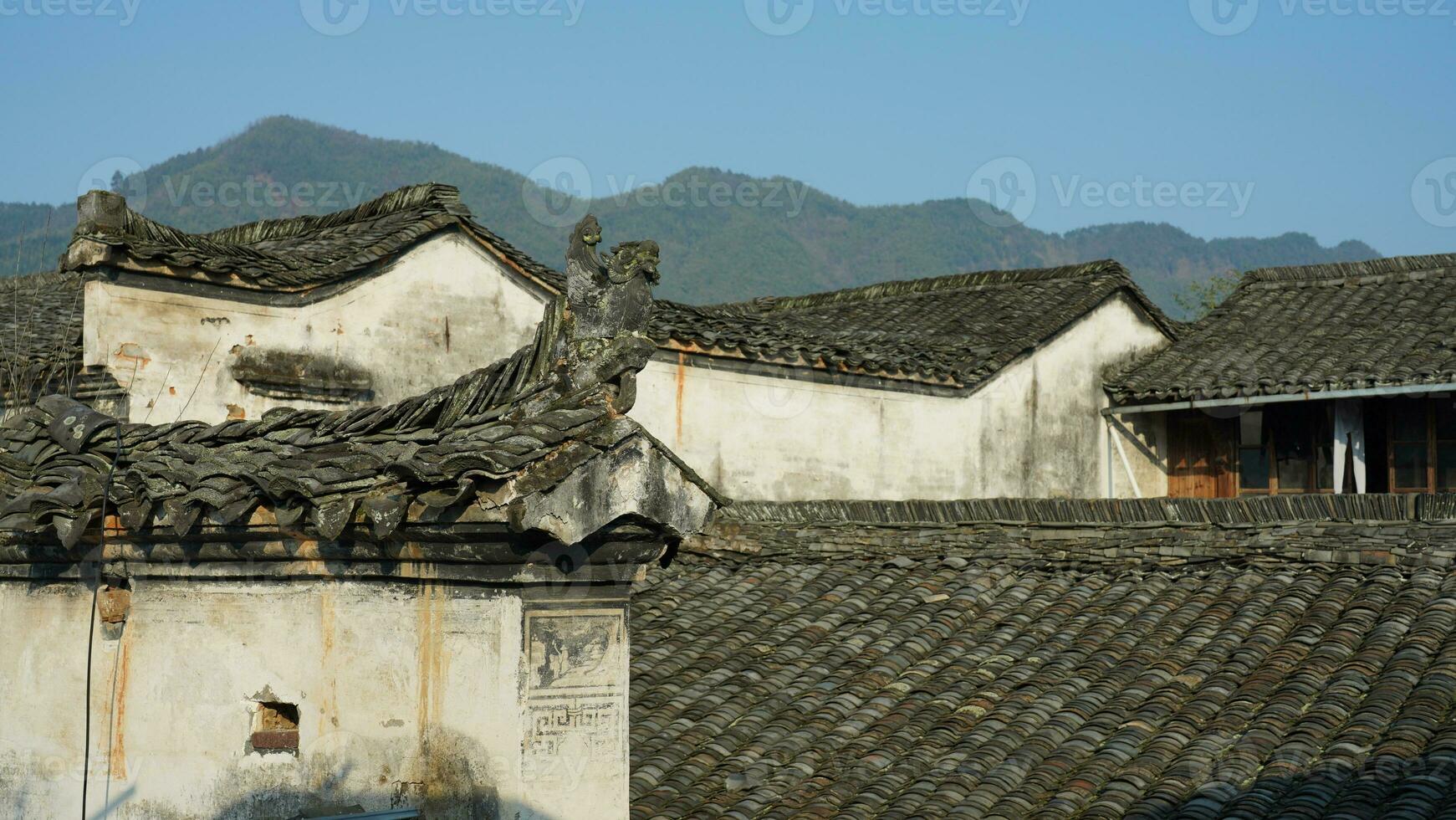 The beautiful traditional Chinese village view with the classical architecture and fresh green trees as background photo