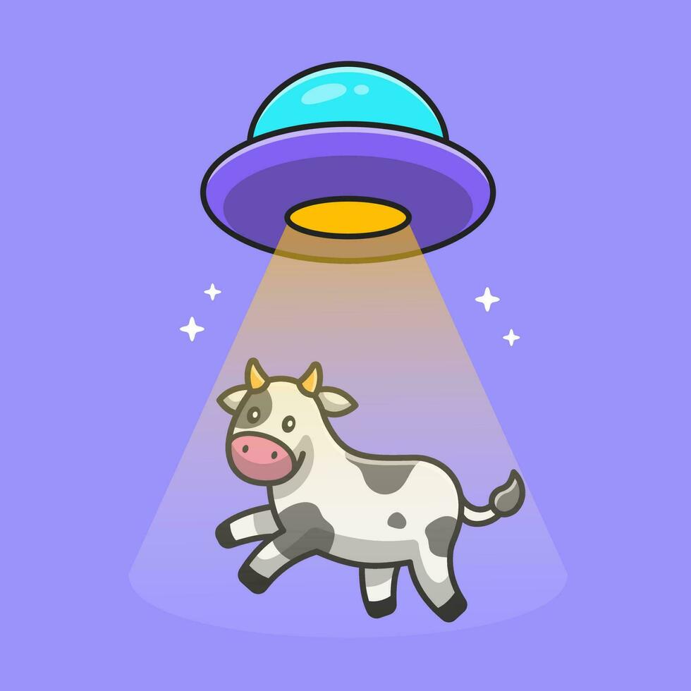 linda vaca aspirado en OVNI astronave dibujos animados vector icono ilustración. animal tecnología icono concepto aislado prima vector. plano dibujos animados estilo