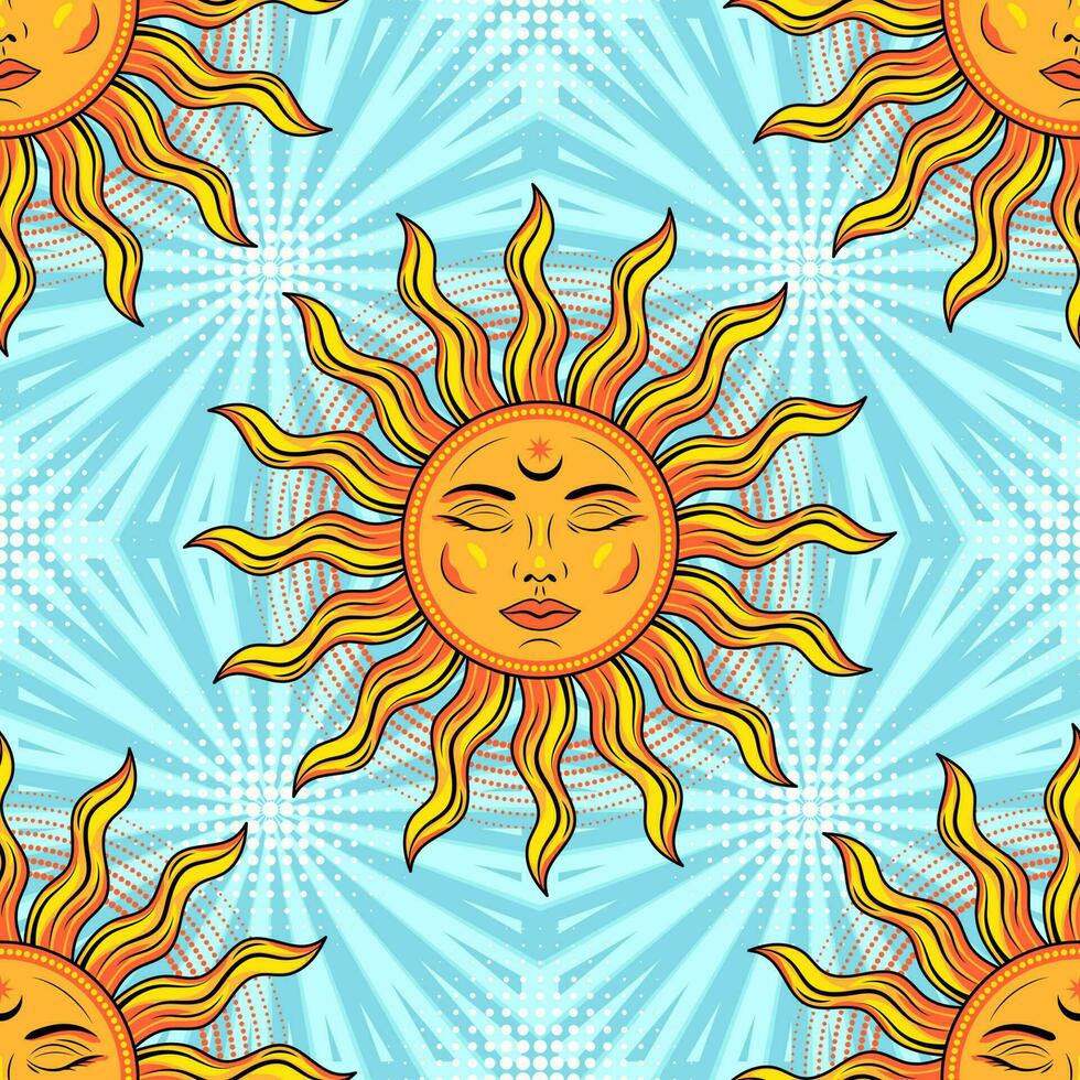 Seamless pattern with sun with face, halftone shapes. Blue background behind with rays, beams, stripes. Groovy, hippie style. Good for apparel, fabric, textile, kids design. vector