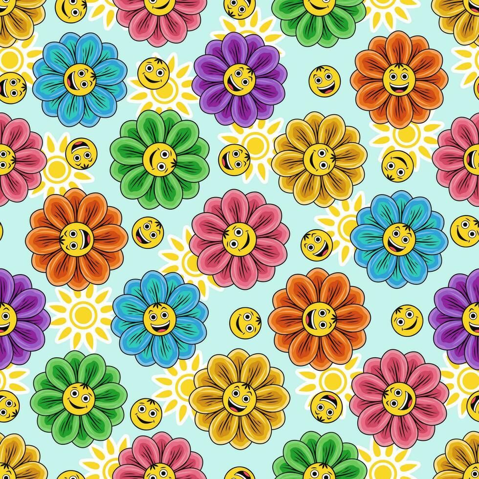 Seamless pattern with chamomile, daisy, sun icon. Flowers with little faces, emoji. Groovy, hippie, naive style. Good for apparel, fabric, textile, surface design. vector