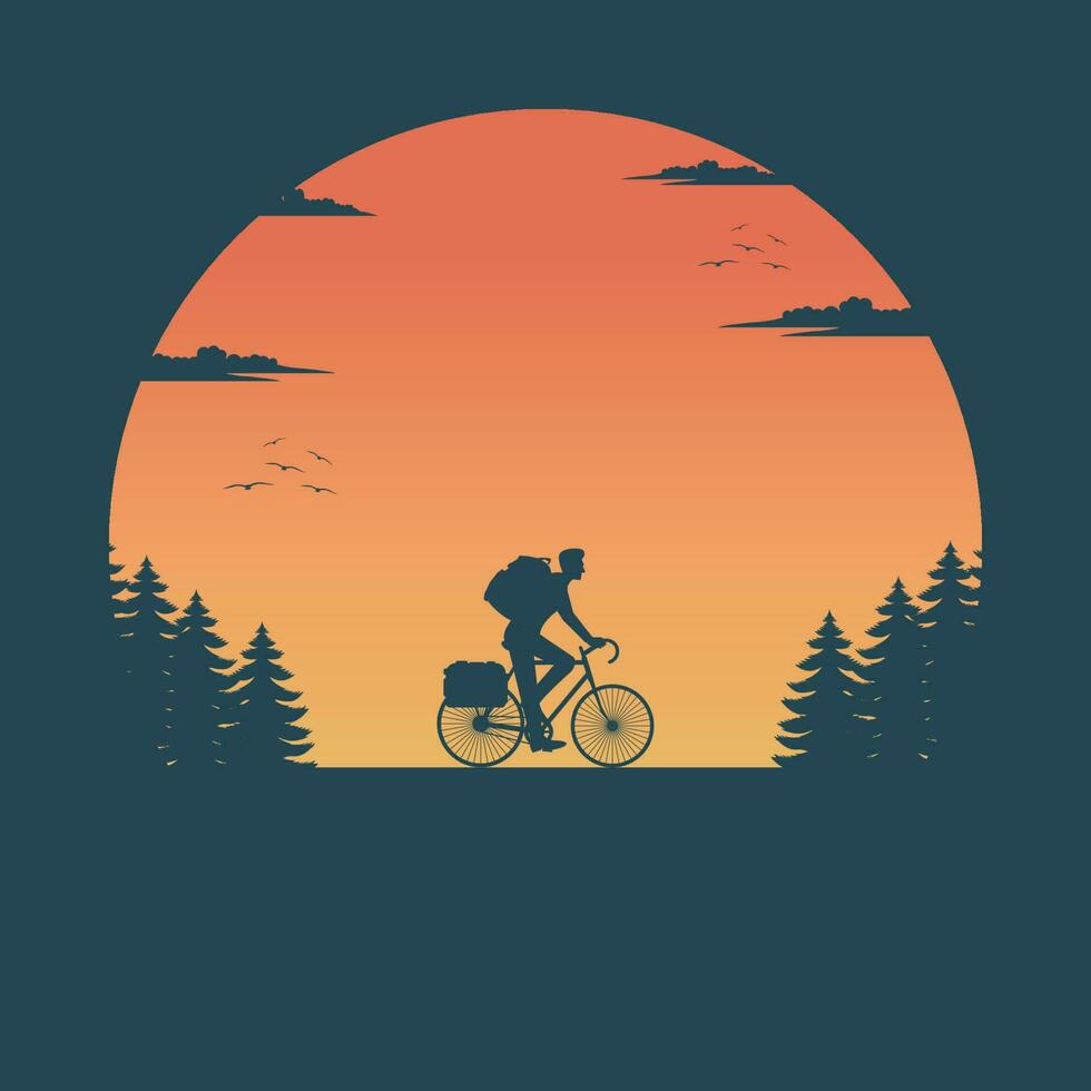 Man riding bicycle journey on landscape nature vector