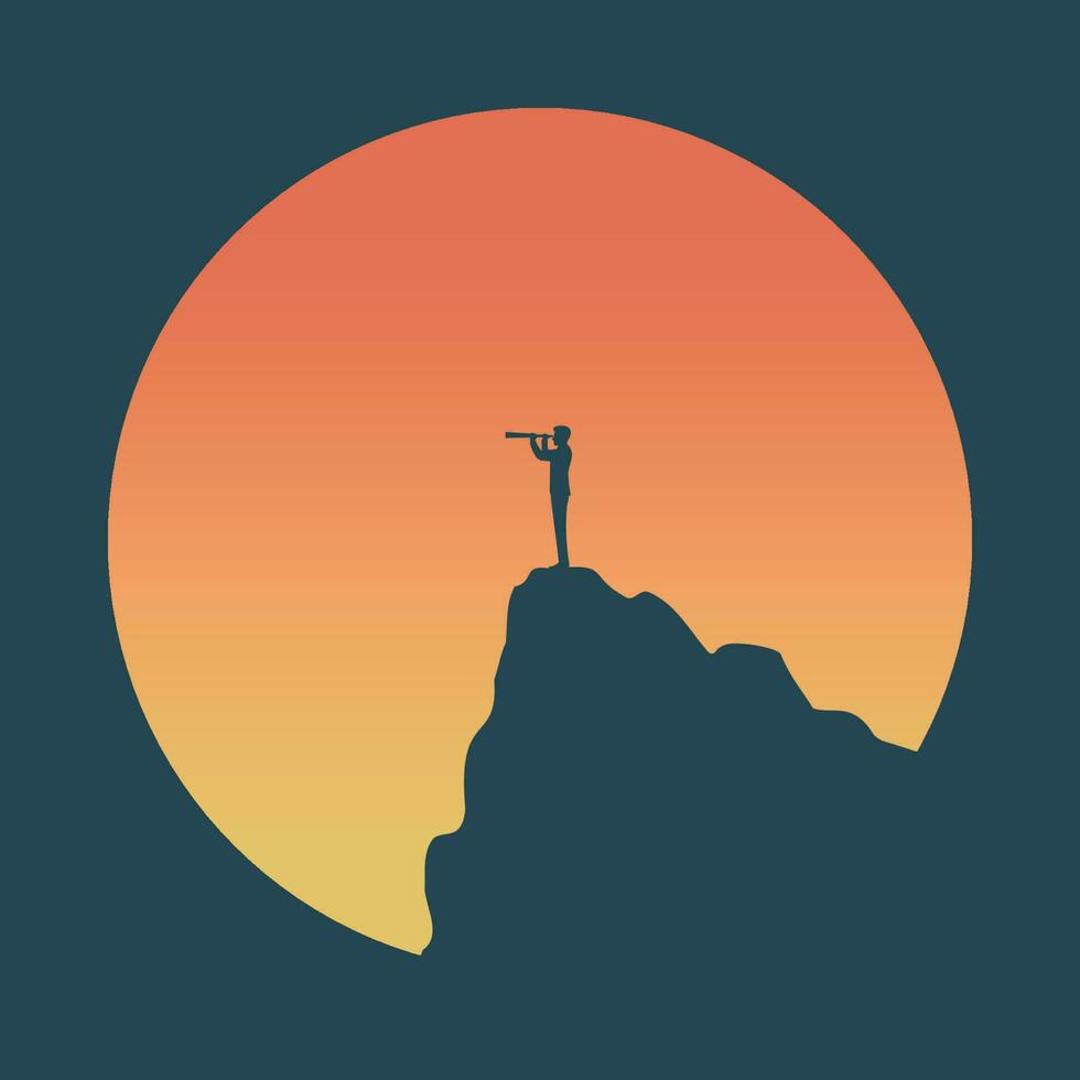 Businessman holding binocular stand on mountain with landscape nature vector