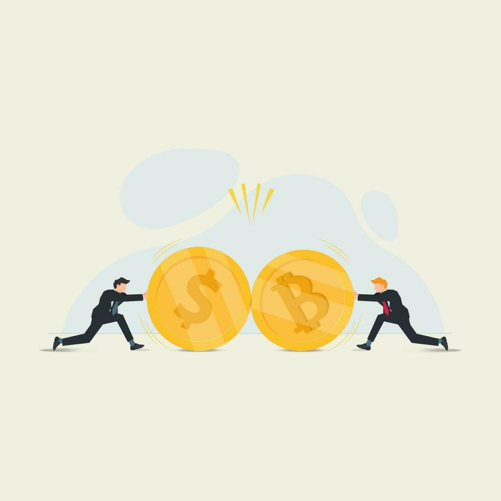 Businessman rolls giant dollar and bitcoin. Clash of currency influences financial market concept vector illustration