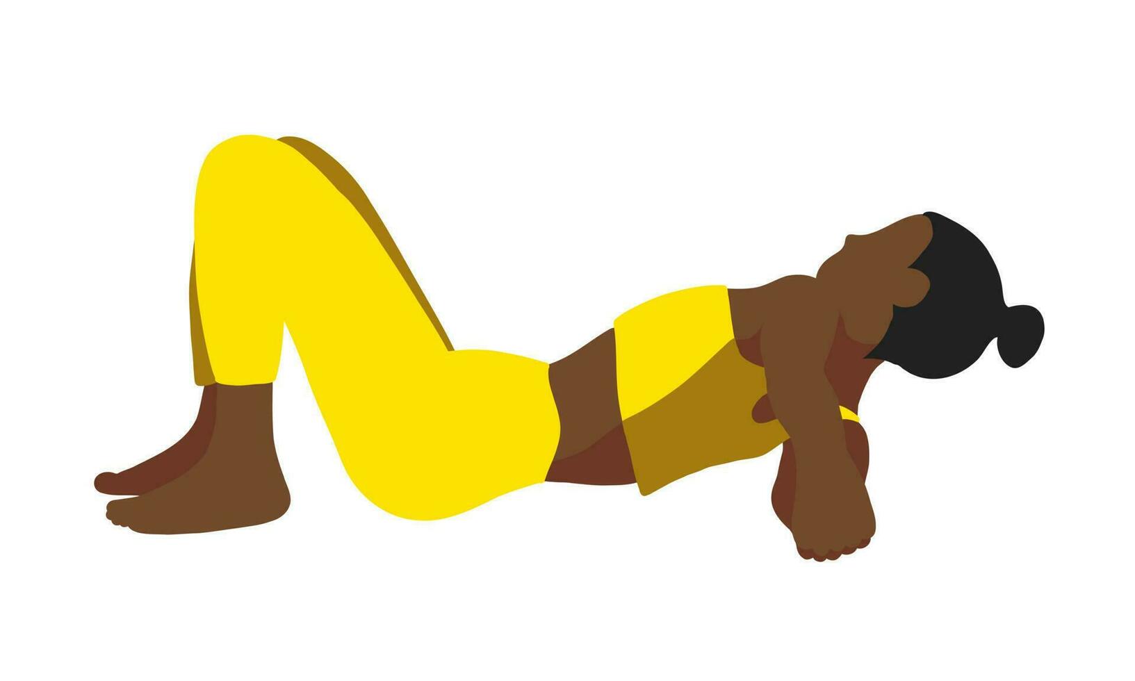 flexibilidad yoga pose. africano americano femenino, dama, mujer, niña con amarillo pista traje. pilates, capacitación, aptitud física, deporte. vector ilustración en dibujos animados plano estilo aislado en blanco antecedentes.