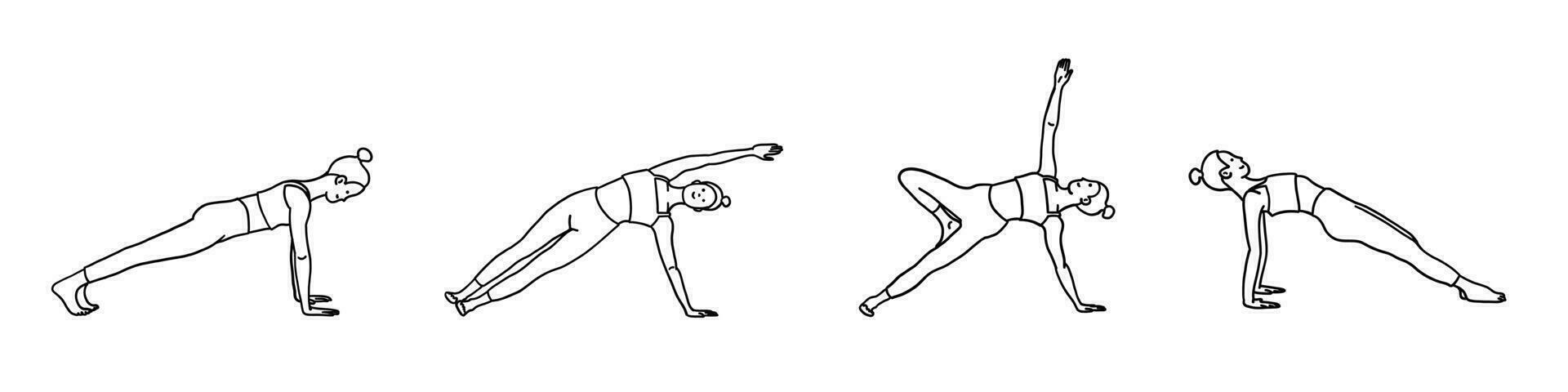 Flexibility yoga poses collection. Female, lady, woman, girl. Meditation, pilates, mental health, training gym. Vector illustration in cartoon outline doodle style isolated on white background.