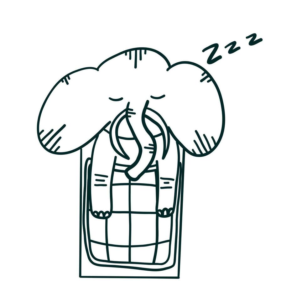 Happy New Year. Elephant sleeping in warm duvet. Vector illustrations in outline doodle style isolated on white background.
