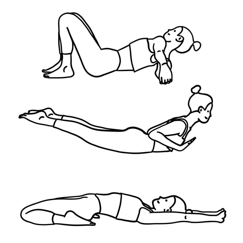 yoga poses recopilación. femenino, dama, mujer, muchacha. meditación, pilates, mental salud, capacitación, textura. vector ilustración en contorno dibujos animados plano estilo aislado en blanco antecedentes.