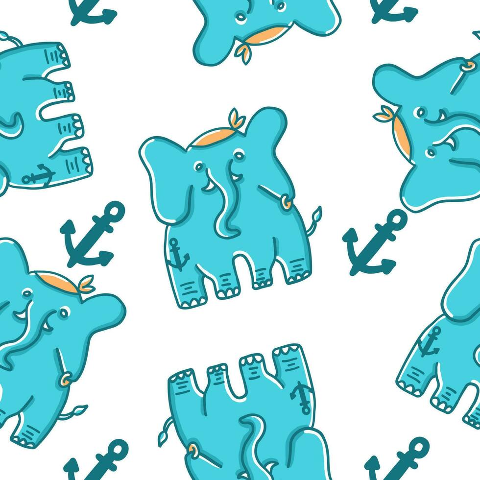 Elephant pirate. Seamless Pattern. Vector illustration in cartoon flat style isolated on white background.