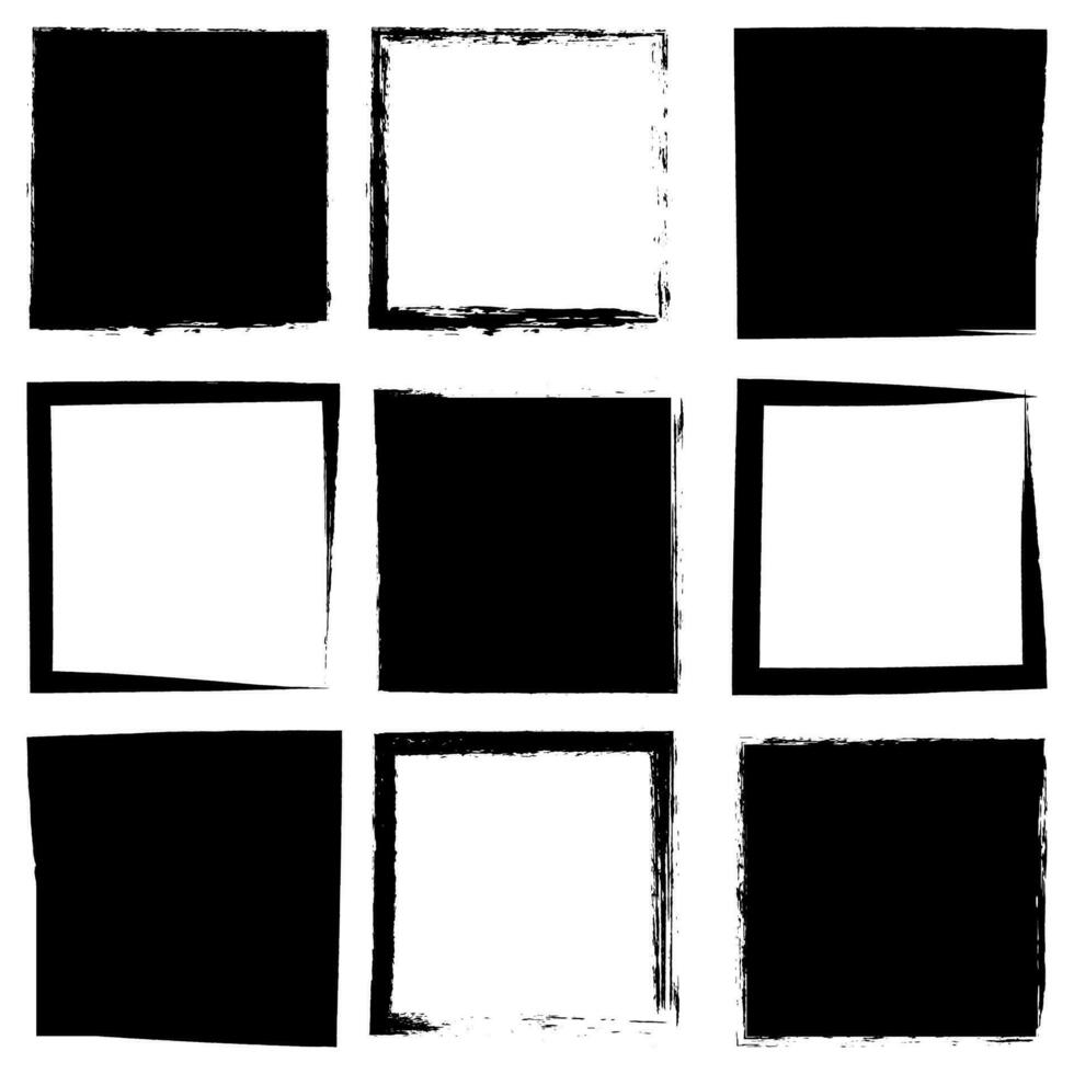 Set of vector square grunge black stickers and borders isolated on white background. A group of labels with uneven rough edges drawn with an ink brush. Vector design elements, 9 square frames