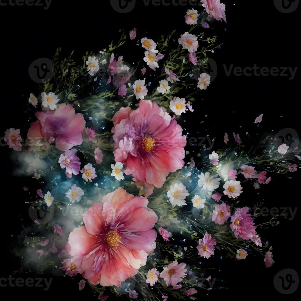 flor ramo de flores pinturas, flor ilustración, botánico acuarela ilustración, vistoso floral acuerdo, generativo ai foto