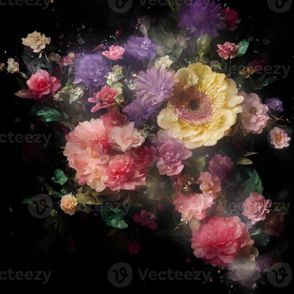 Flower bouquet paintings, Flower illustration, Botanical watercolor illustration, Colorful floral arrangement, photo