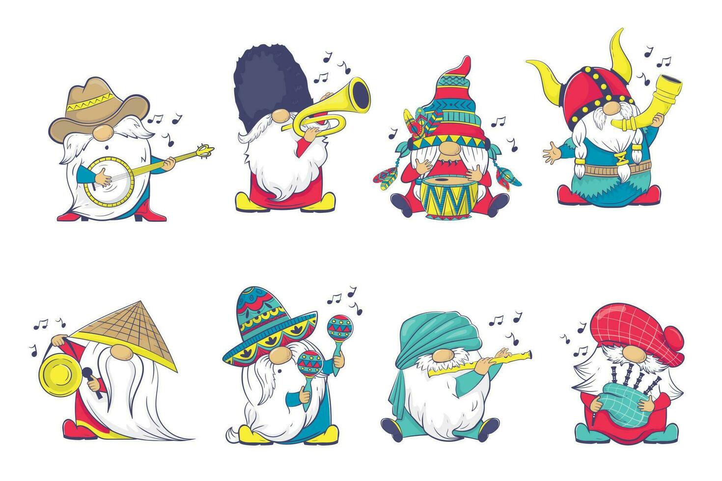 The International Gnome Band clipart.  Musical Gnomes in National Costumes vector