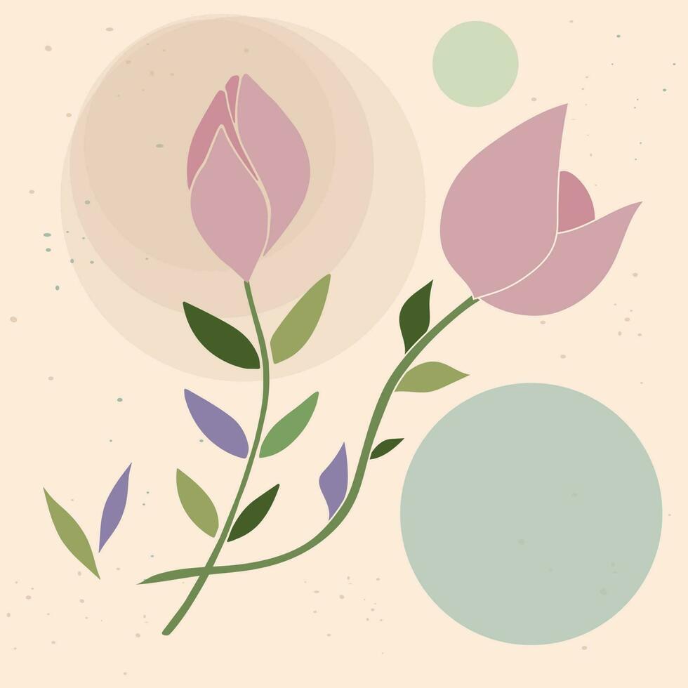 Abstract botanical background with hand drawn flowers and round shapes. Concept vector art